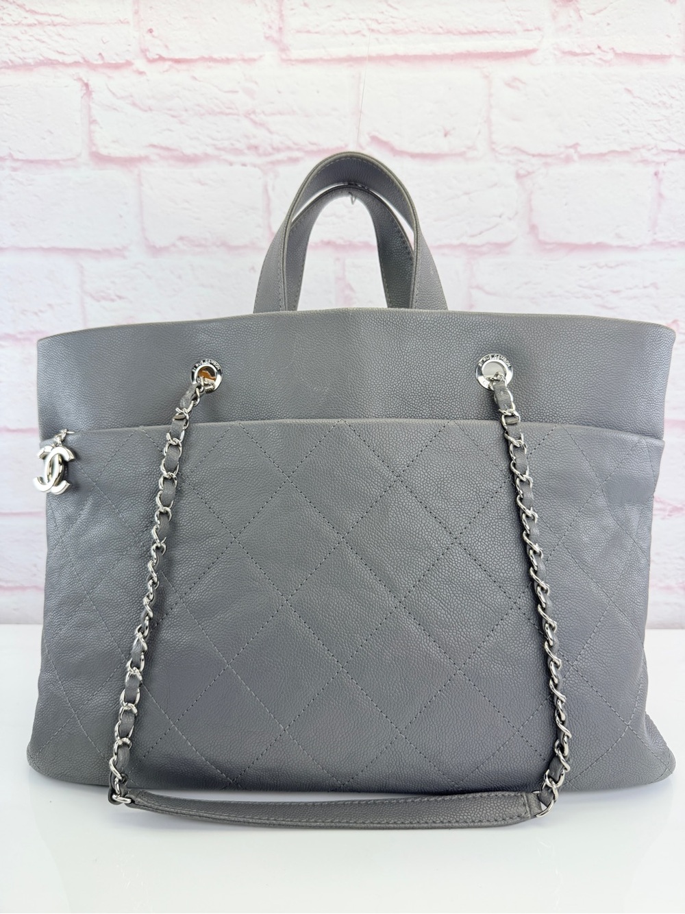 Chanel Timeless Caviar Quilted Shopping Tote Grey